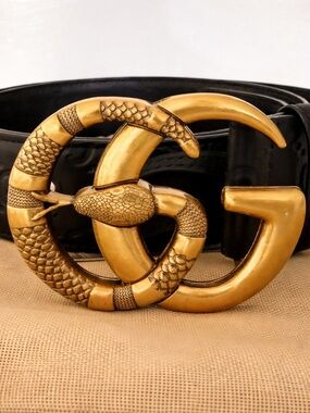 GUCCI Genuine BrushedGold Snake Buckle Black Leather Embossed GG LOGO Belt